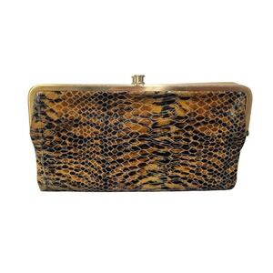 Hobo Lauren Double Frame Clutch Wallet Snakeskin Embossed Leather Tan Brown Gold